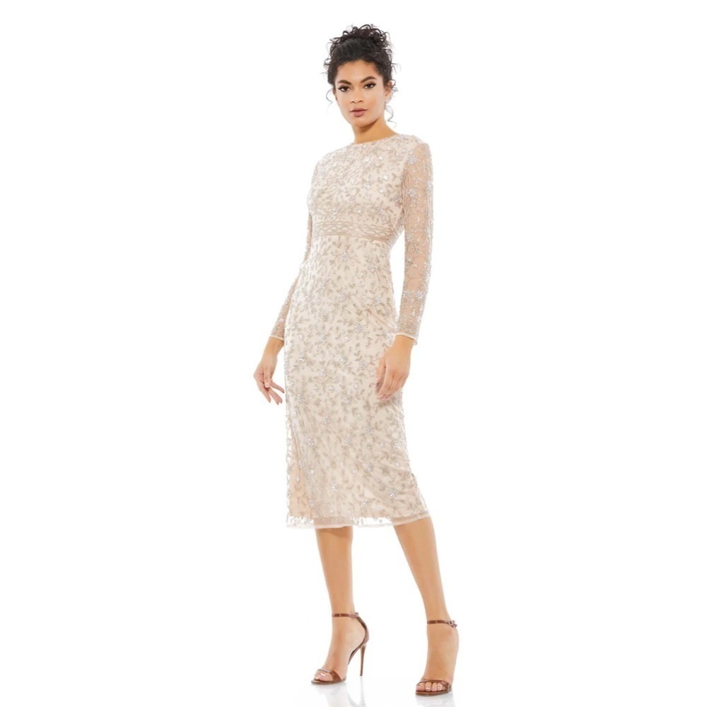 Mac Duggal 10812 NWT BEADED TEA LENGTH DRESS W/ SHEER SLEEVES